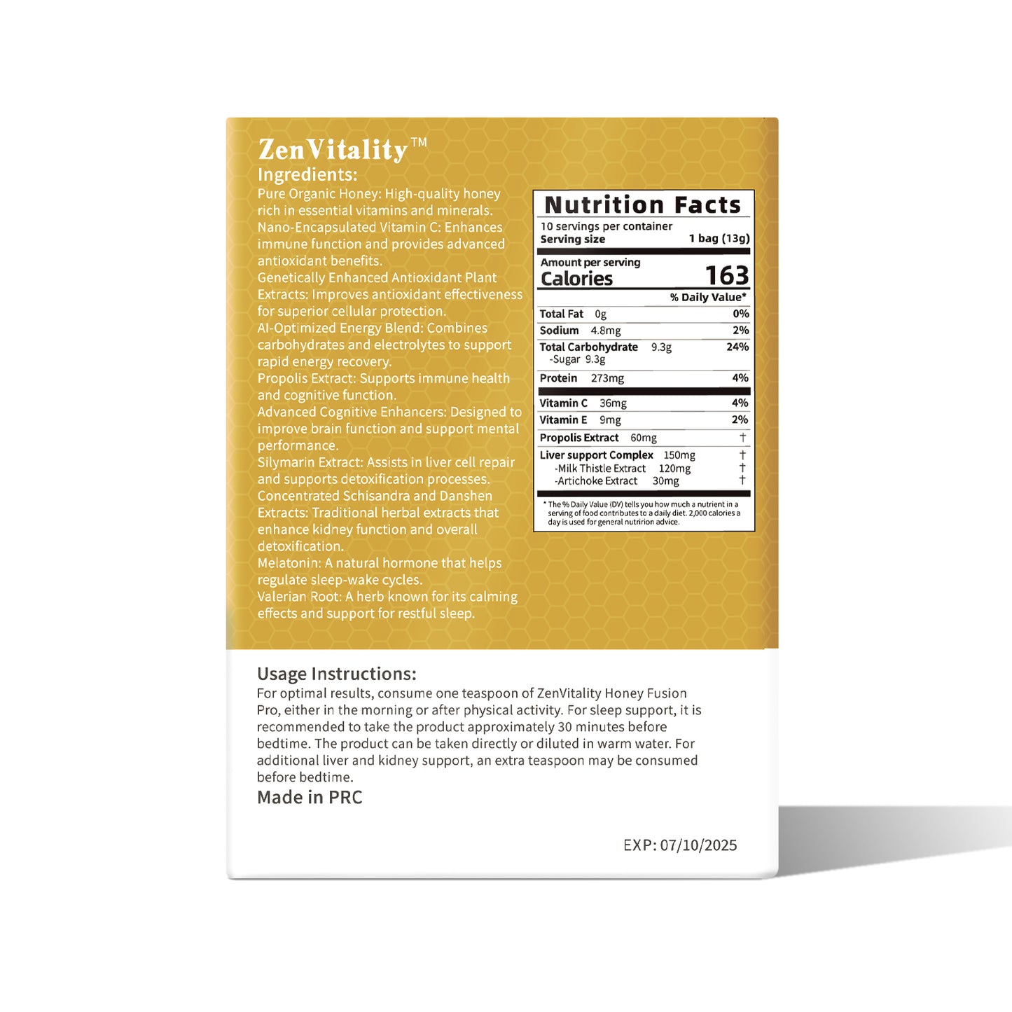 ZenVitality Honey Fusion Pro - Sweet Flavor (13g*10, 4.59 oz) - Beverage
