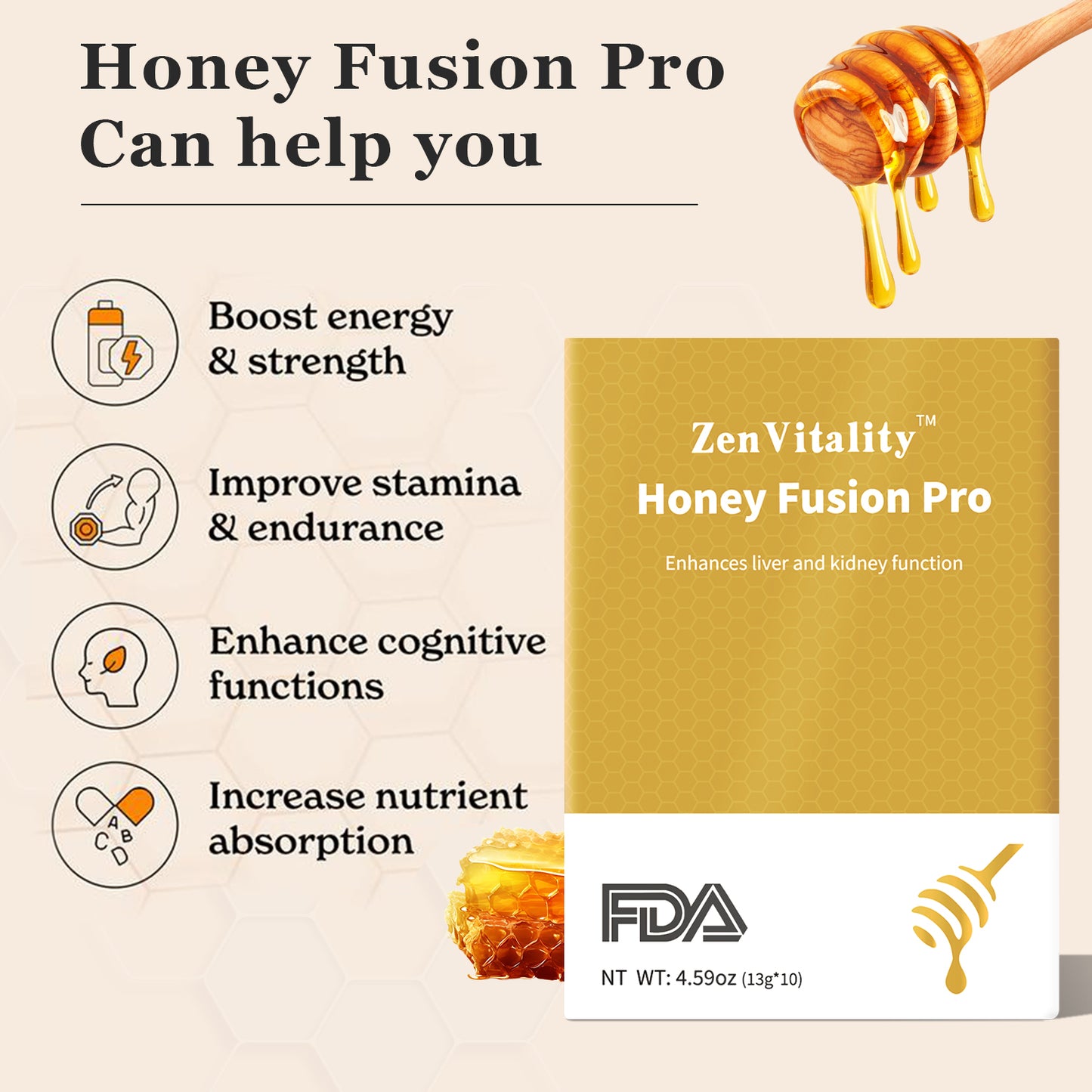 ZenVitality Honey Fusion Pro - Sweet Flavor (13g*10, 4.59 oz) - Beverage